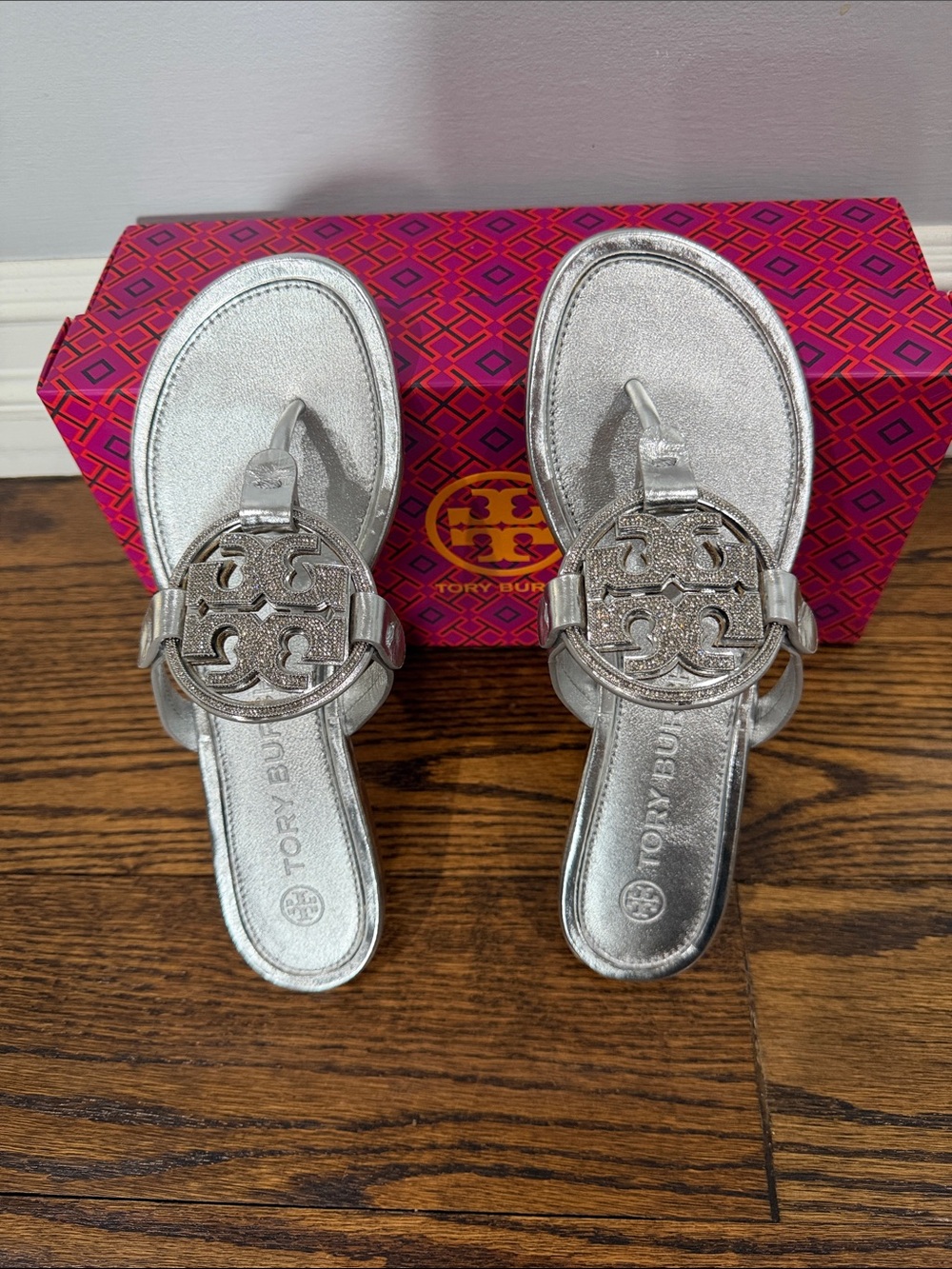 Tory Burch Metallic Silver Miller Logo Thong Sandals